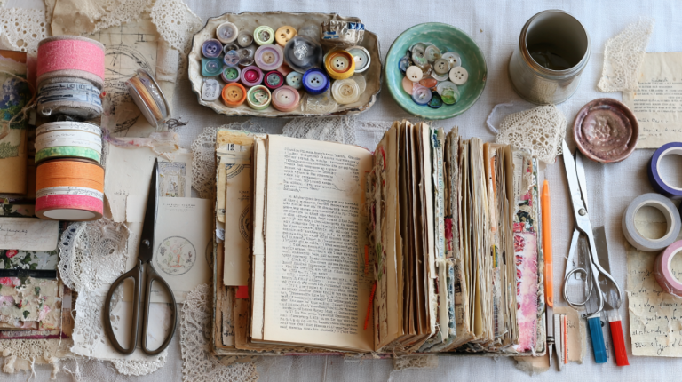 Junk journal supplies spread on a farmhouse table including vintage papers, lace, buttons, scissors, and adhesive