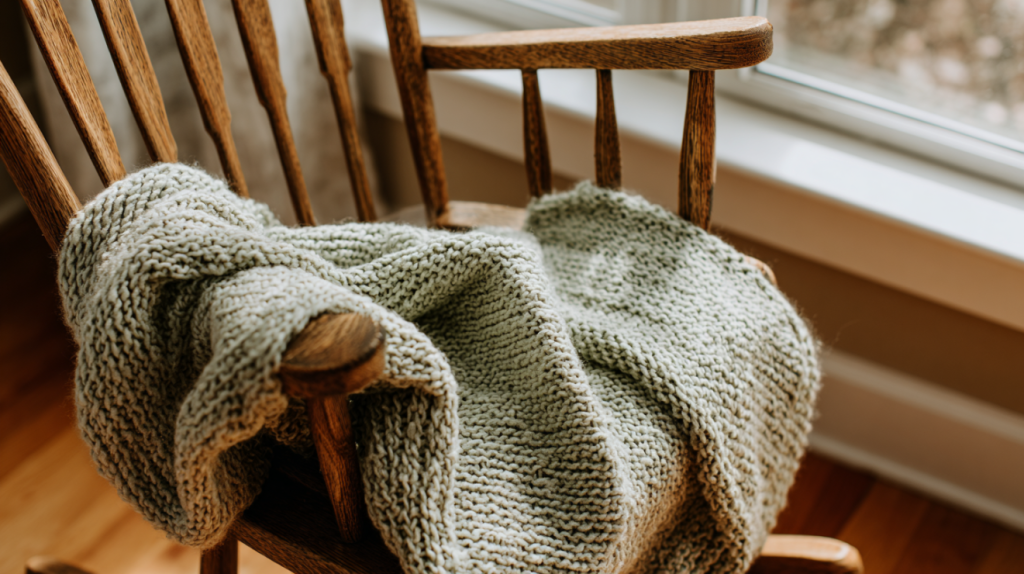 Soft handknit baby blanket in pastel yarn draped over a vintage wooden rocking chair