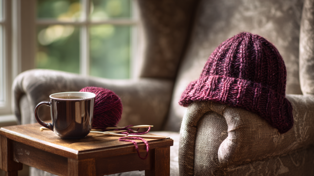 Knitting a hat on circular needles with warm yarn and a cozy setting