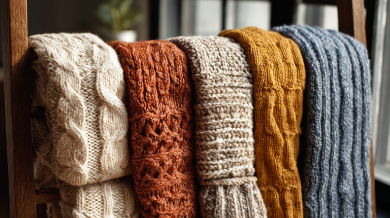 Hand-knit scarves and cowls in various stitch patterns displayed on a wooden ladder