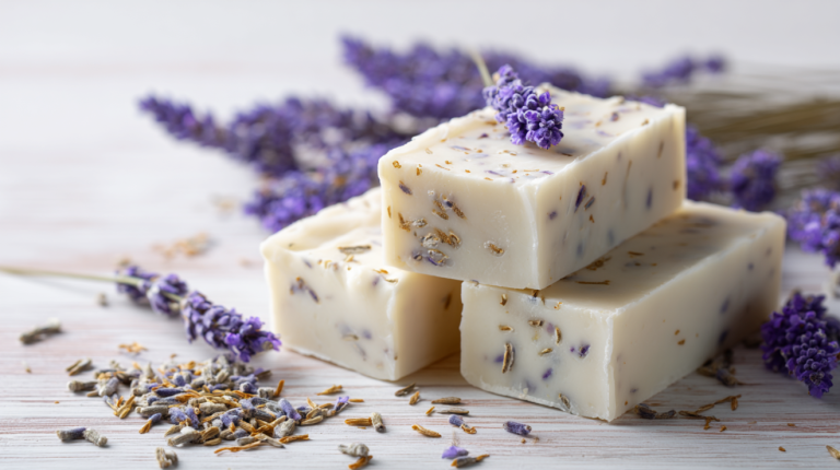Handmade lavender soap bars with fresh lavender sprigs and dried buds on a modern craft surface