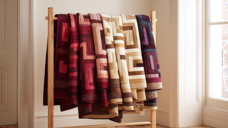 Traditional log cabin quilt with light and dark halves displayed on a modern quilt rack