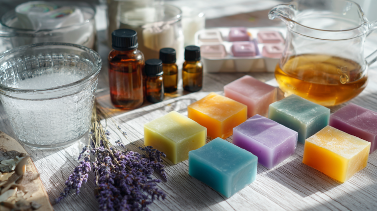 Melt and pour soap making supplies and finished handmade soap bars on a modern craft workspace