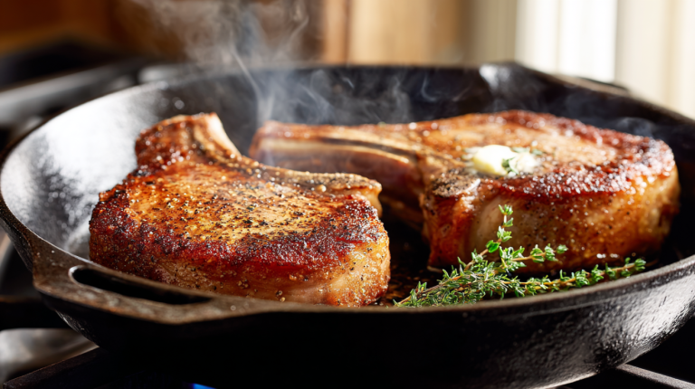 Pan-fried pork chops with golden crust in a cast iron skillet