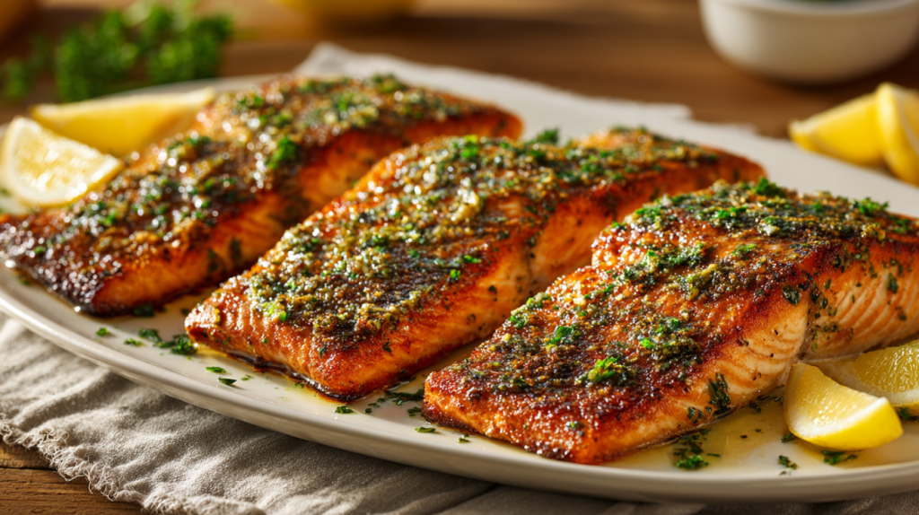 Finished pan-seared steelhead trout recipe with crispy golden skin and herb butter