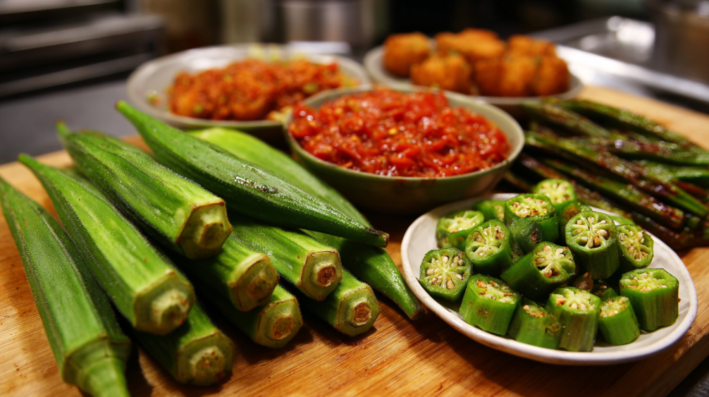 Fresh okra pods and different okra preparations including fried, stewed, and roasted
