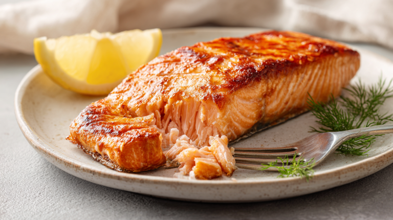 Perfectly cooked salmon fillet flaked open showing moist translucent center
