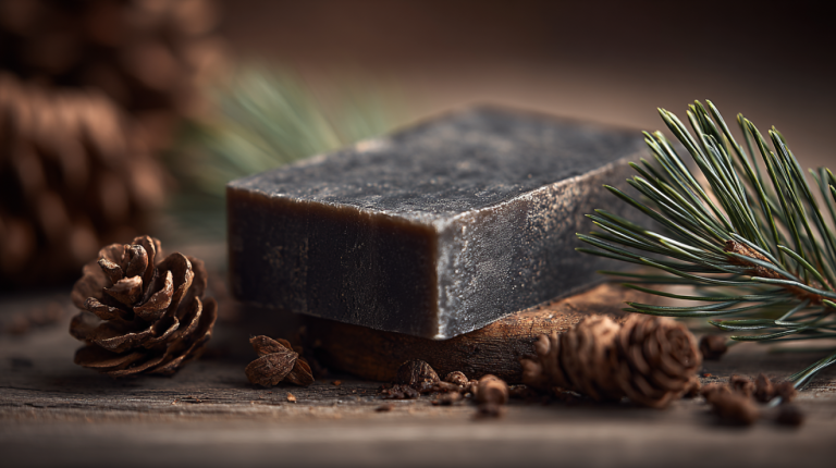 Handmade pine tar soap bar with pine needles and pine cones on a modern surface