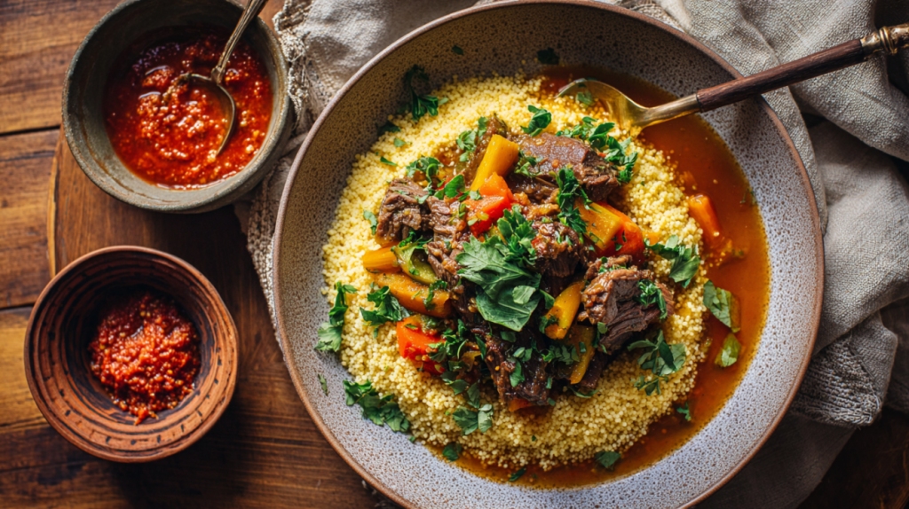 Plated French couscous with zucchini and lamb garnished with cilantro and served with harissa