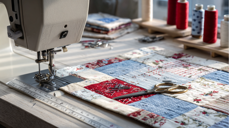Quarter-inch seam allowance quilting guide with ruler on cotton fabric at a modern sewing machine