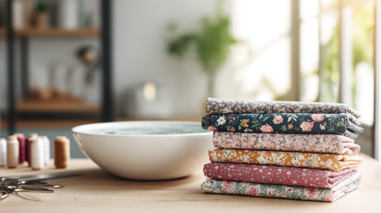Pre-washing quilting fabric stack of colorful cotton near a basin on a modern craft table