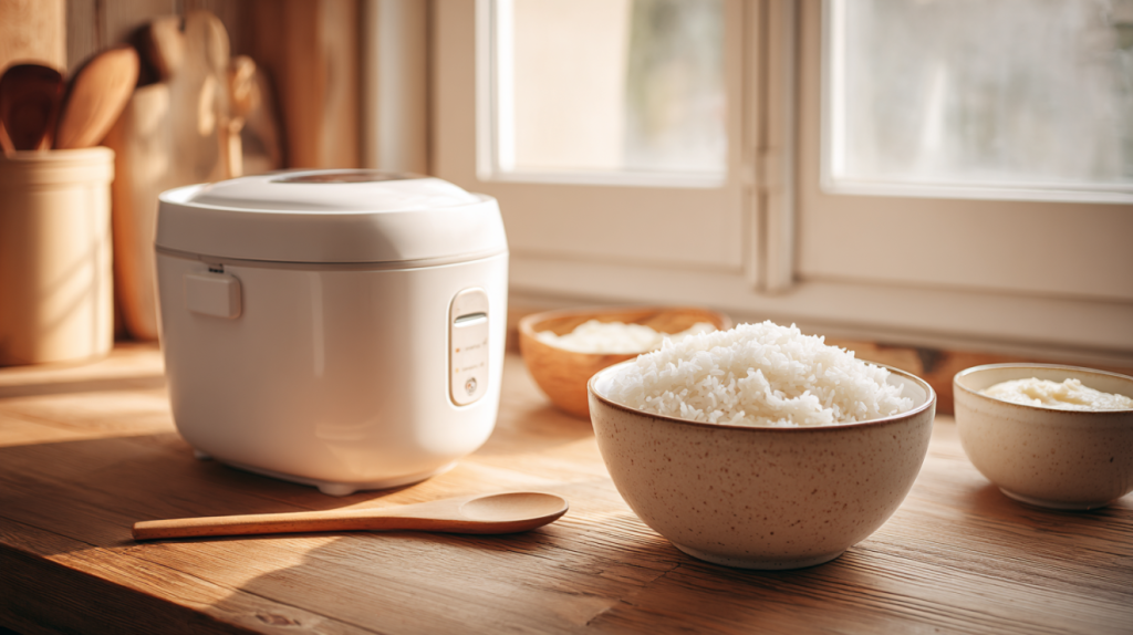 Rice cooker with perfectly cooked Southern rice and grits on a kitchen counter