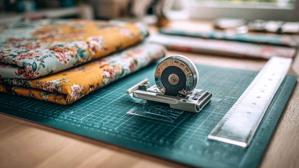 Essential quilting cutting tools rotary cutter self-healing mat and acrylic ruler with cotton fabric on a modern craft table