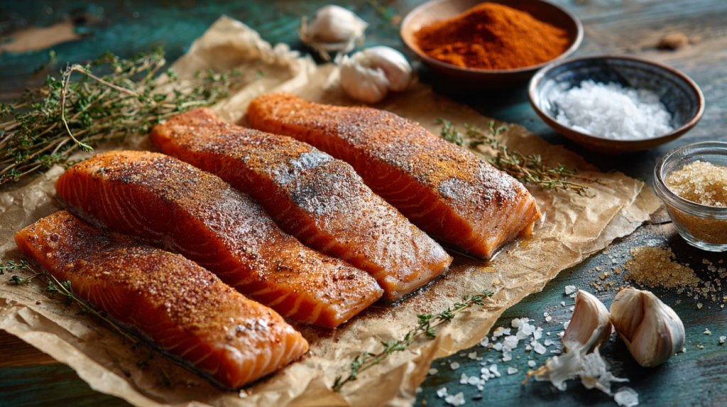 Seasoned steelhead trout fillets with herbs and spices for pan-searing