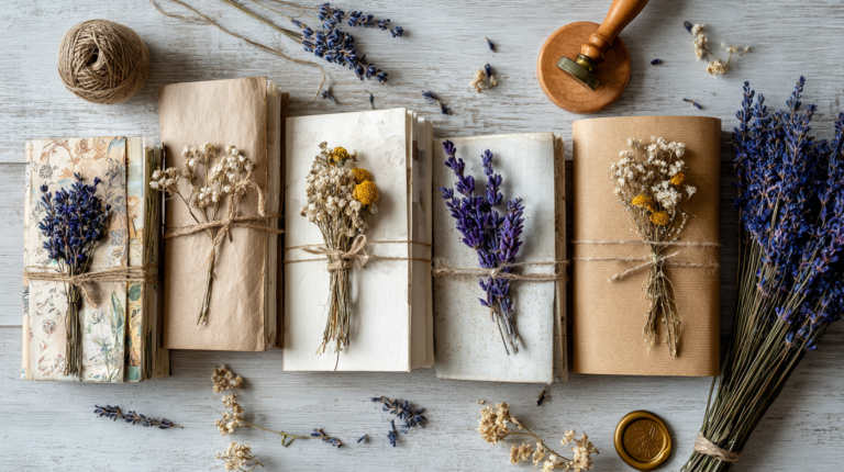 Handmade junk journals displayed for sale with packaging materials and ephemera on a modern craft table