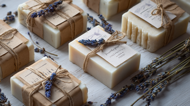 Handmade soap bars displayed for sale with kraft paper labels and dried lavender on a modern display surface