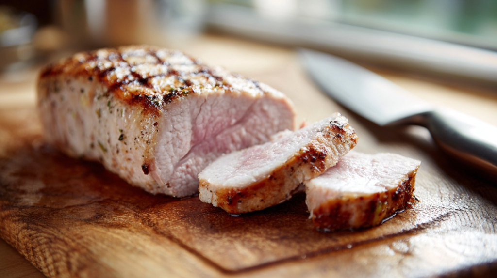 Slicing pork loin into cutlets for a Southern pork cutlets recipe