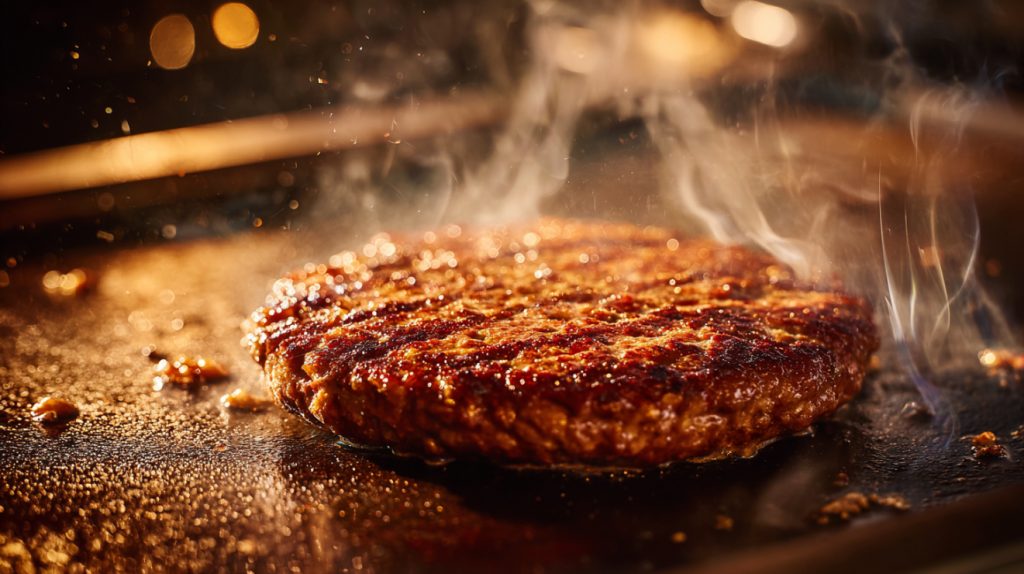 Smash burger patty cooking on a Blackstone griddle with crispy edges forming