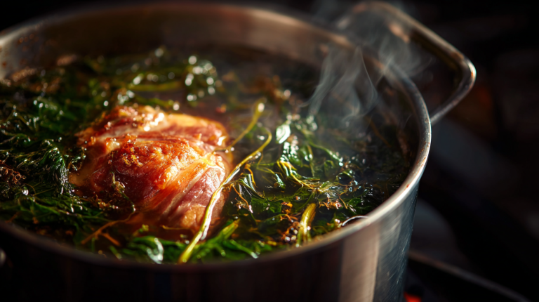 Smoked ham hock simmering with collard greens in a large pot