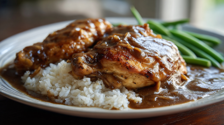 Smothered chicken served over white rice with rich brown gravy