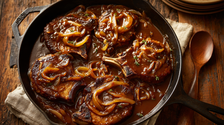Old-fashioned smothered pork chops with onion gravy in a cast iron skillet