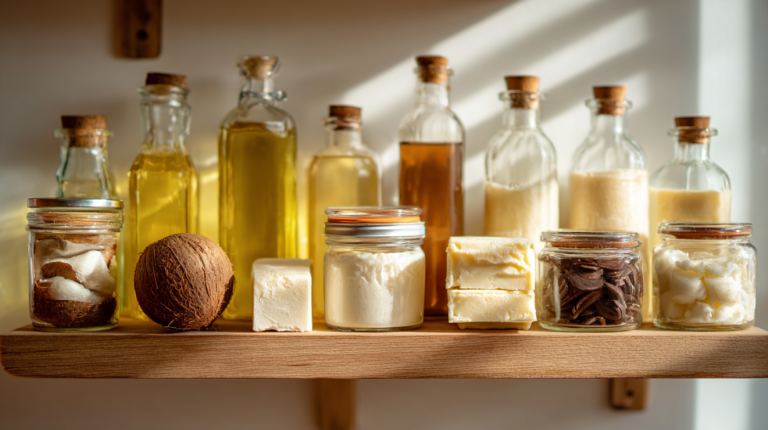 Soap making oils and butters displayed on a modern craft shelf