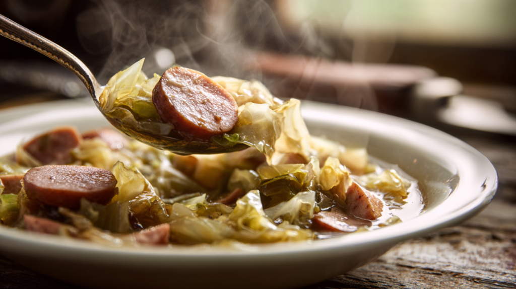 Cabbage in the crock pot recipe served in a white bowl with pot likker broth
