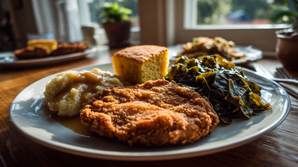 Southern dinner plate with pork cutlets alongside mashed potatoes, greens, and cornbread