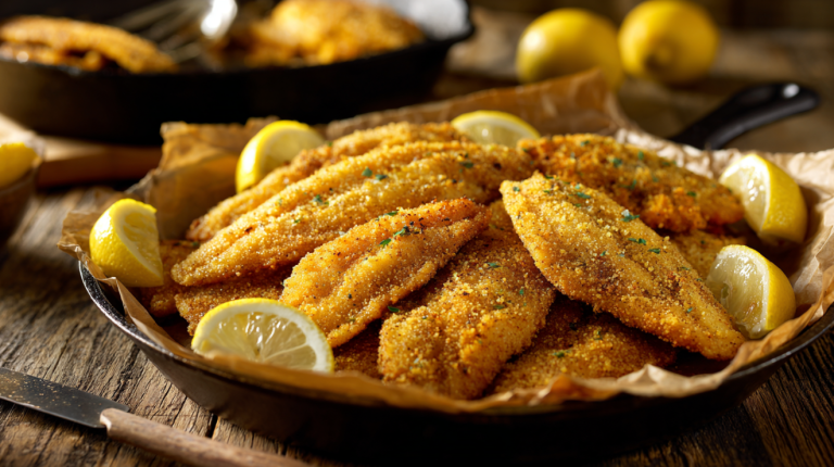 Golden fried catfish fillets from a Southern fish fry served on a paper-lined platter