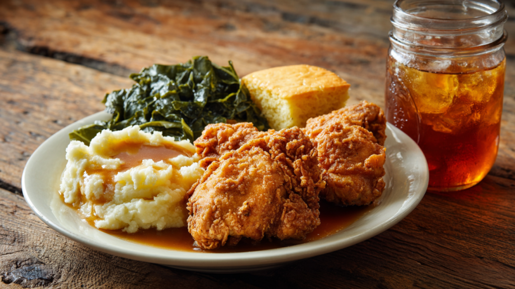 Southern fried chicken dinner plate with collard greens, mashed potatoes, and cornbread