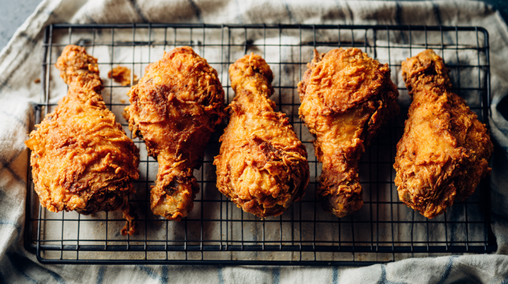 Southern fried chicken drumsticks with crispy golden crust draining on a wire rack