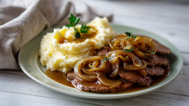 Southern liver and onions dinner plate with gravy and mashed potatoes