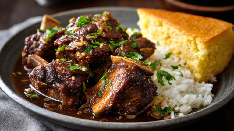 Southern-style neck bones served over rice with pot likker and cornbread