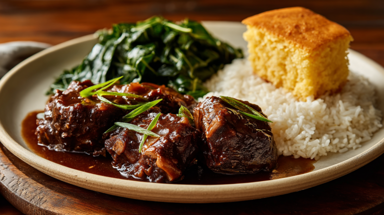 Southern plate with braised oxtails over white rice with collard greens and cornbread