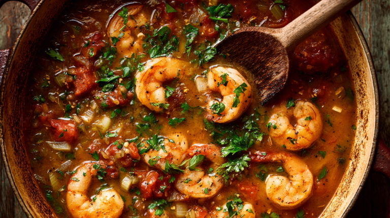 Southern shrimp stew recipe in a cast iron pot with a wooden spoon, steam rising