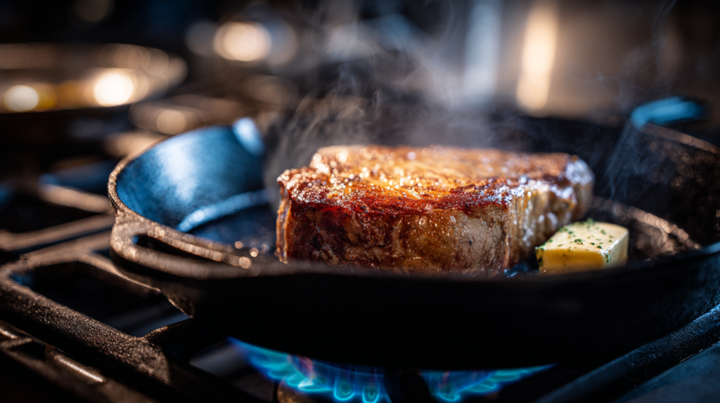 Steak searing with even browning in a seasoned cast iron skillet