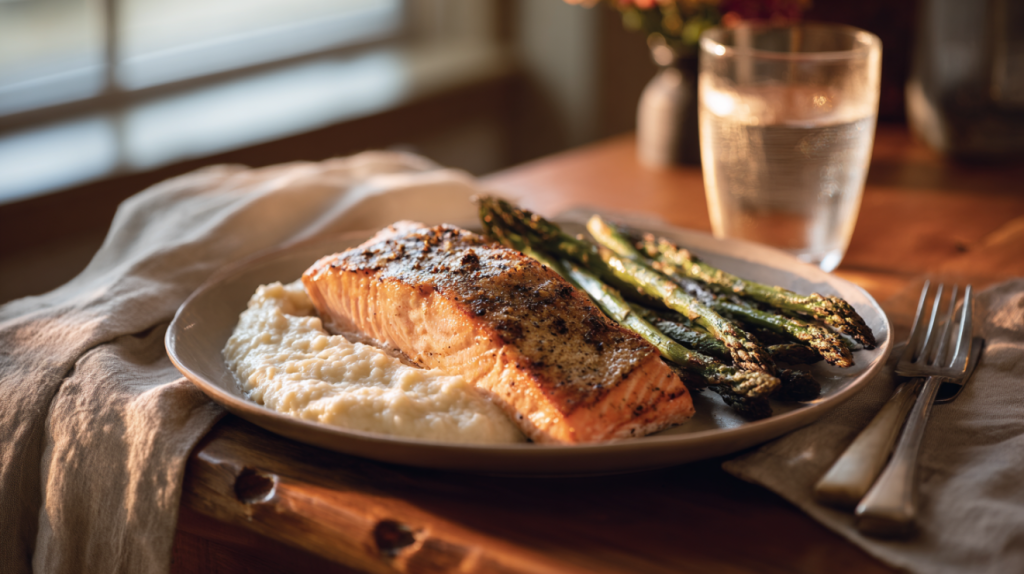 Steelhead trout dinner plate with roasted asparagus and creamy Southern grits