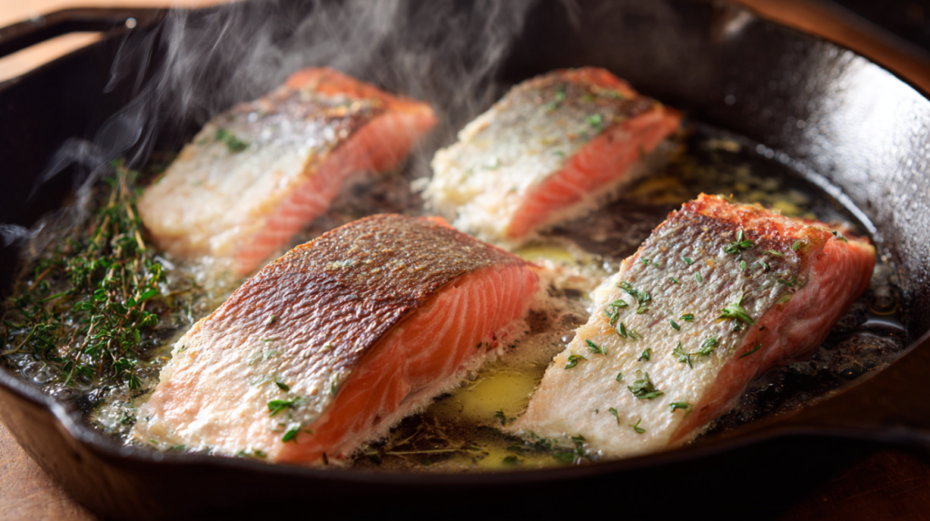 Steelhead trout cooking skin-side down in cast iron skillet showing perfect sear progress