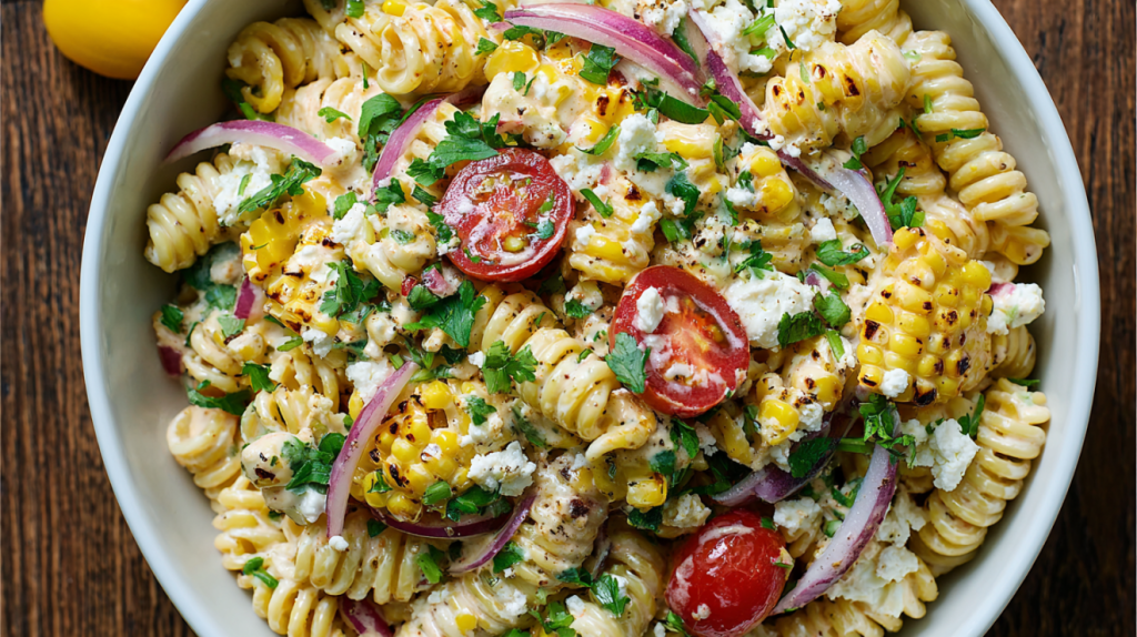 Street corn pasta salad recipe in a large serving bowl with charred corn and cotija cheese