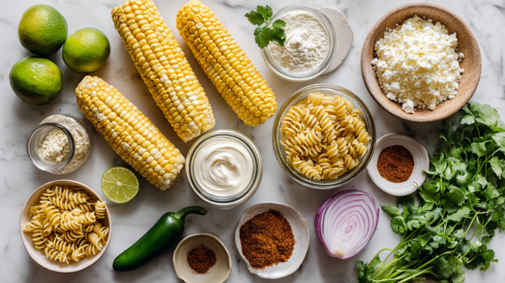 Ingredients for street corn pasta salad recipe arranged on a counter
