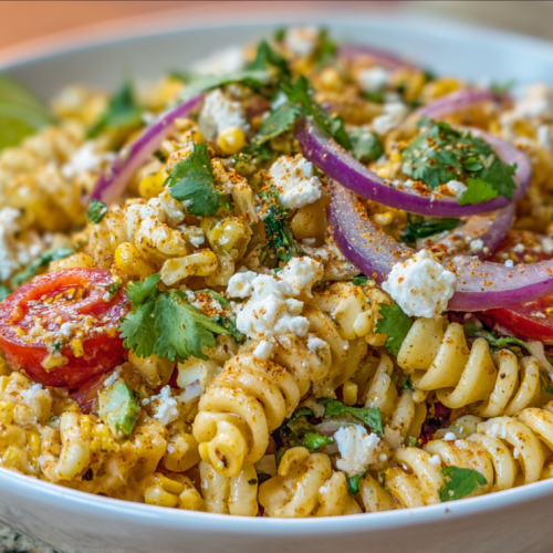 Street corn pasta salad recipe in a large white ceramic bowl garnished with cotija cheese and cilantro