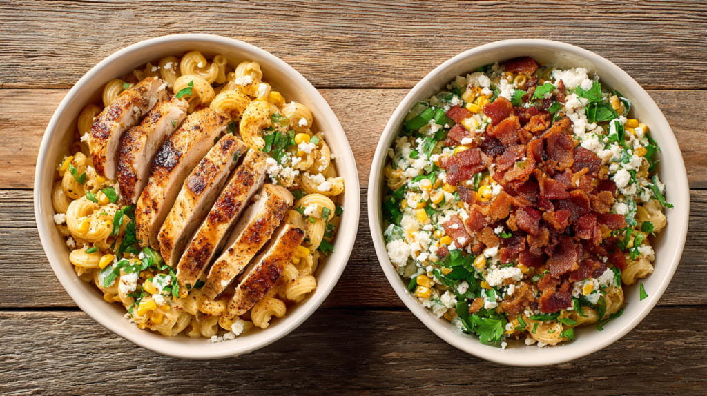 Variations of street corn pasta salad recipe with chicken and bacon toppings