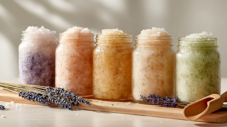 Homemade sugar scrubs in glass jars in assorted natural colors on a modern bathroom shelf