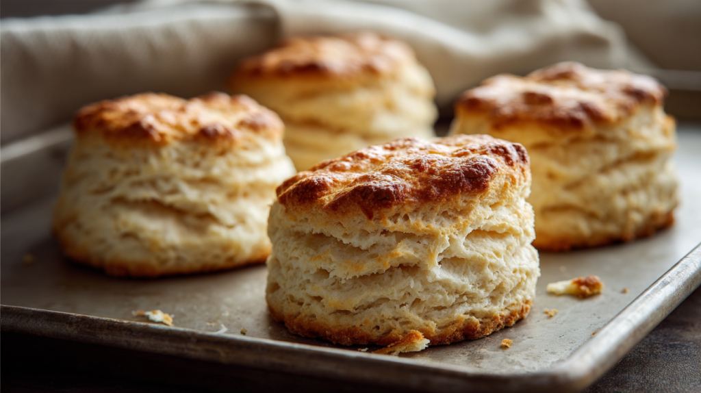 Tall flaky Southern biscuits with golden tops showing layered structure