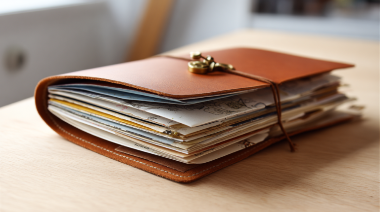 Leather traveler's notebook with handmade junk journal inserts and vintage ephemera on a modern craft table