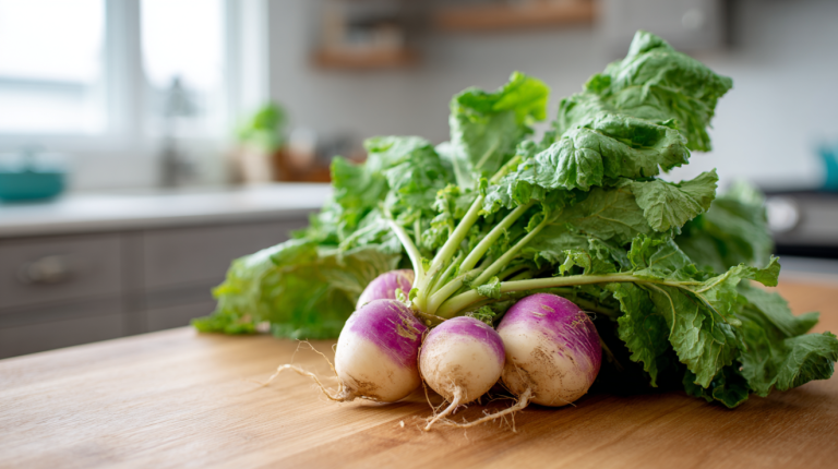 Fresh turnips with greens attached on a modern kitchen counter ready for cooking