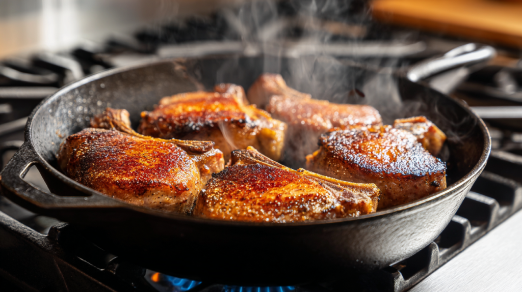 12-inch cast iron skillet with perfectly seared pork chops