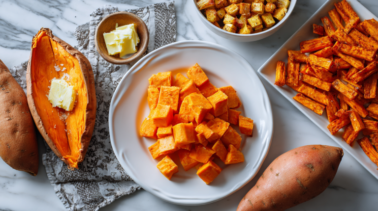 Sweet potatoes prepared multiple ways on a Southern farmhouse table