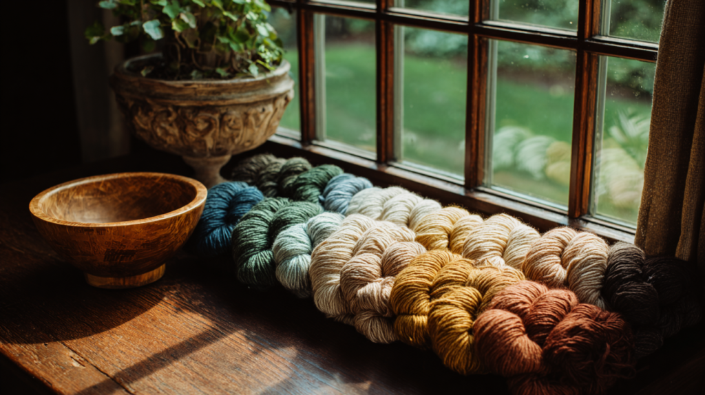 Yarn weights from lace to super bulky arranged on a rustic wooden table