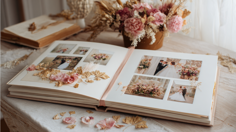 Beautiful handmade wedding scrapbook open on a table with photos, lace, and dried flowers